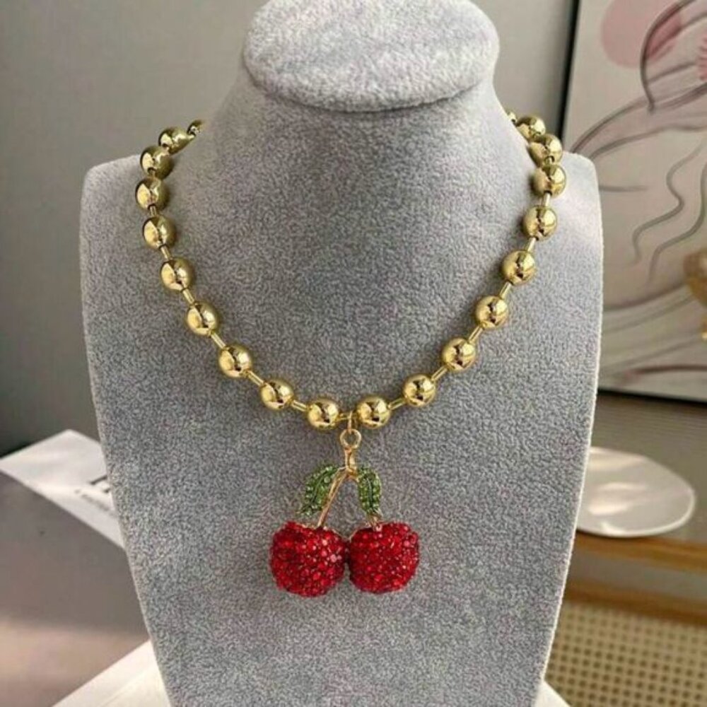 Gold Beaded Necklace with Red Cherry Pendant N1489